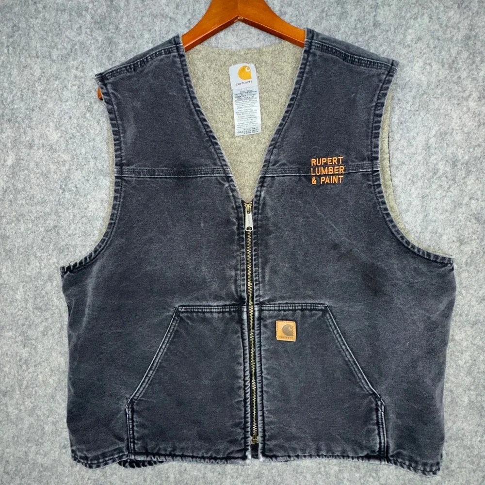 Carhartt Vest Mens XL Black V28 BLK Sherpa Lined Duck Canvas Workwear Stains